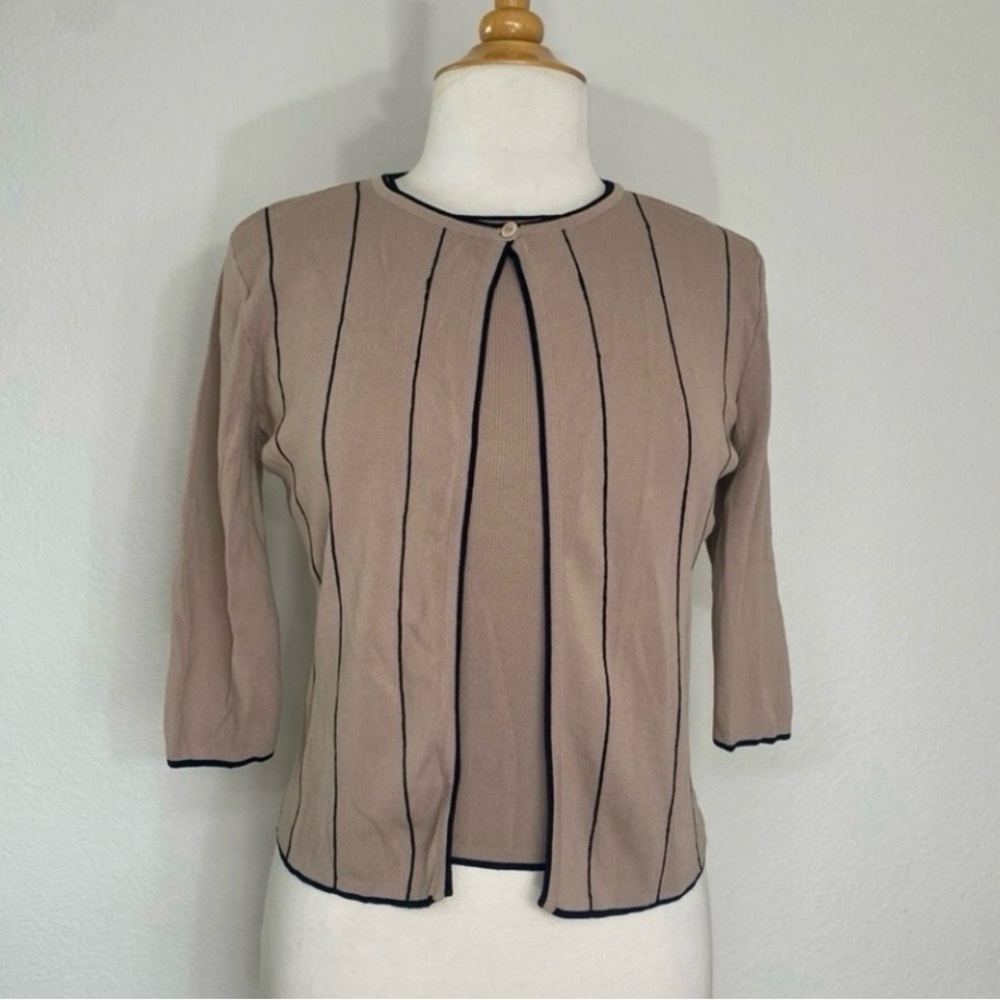 Vintage Finity Women's Tan Black Stripe Knit Sleeveless Top + Cardigan Size S/M